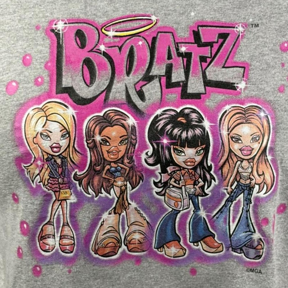 Bratz Gray Pink Graphic T-Shirt Y2K Dolls Logo Heather Grey Womens XL 15/17